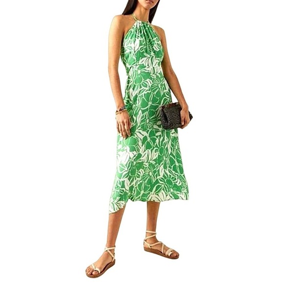 Faithfull The Brand Green Floral Halter Midi Dress Size 2 Tropical Print Beach - Picture 1 of 12